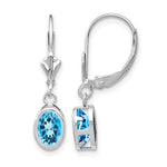 14k White Gold 7x Oval Blue Topaz Bezel Leverback Dangle Earrings