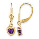 14k Heart Amethyst Bezel Leverback Dangle Earrings