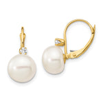 14k 10- White Button Freshwater Cultured Pearl and .10 Carat Diamond Leverback Earrings
