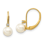 14k 5- White Round FW Cultured Pearl AA Diamond Leverback Earrings
