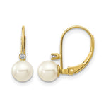 14k 5- White Near-Round Freshwater Cultured Pearl and .03 carat AA Diamond Leverback Earrings
