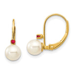 14k 5- White Round FW Cultured Pearl Ruby Leverback Earrings