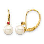 14k 5- White Round Freshwater Cultured Pearl and .04RU Ruby Leverback Earrings