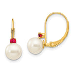 14k 6- White Round FW Cultured Pearl Ruby Leverback Earrings