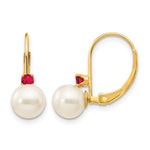 14k 6- White Round Freshwater Cultured Pearl and .18RU Ruby Leverback Earrings