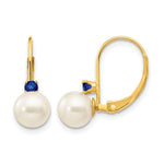 14k 6- White Round Freshwater Cultured Pearl and .20SA Sapphire Leverback Earrings