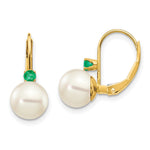 14k 7- White Round FW Cultured Pearl Emerald Leverback Earrings
