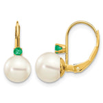 14k 7- White Round Freshwater Cultured Pearl and .18EM Emerald Leverback Earrings