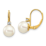 14k 7- Whtie Round FW Cultured Pearl AA Diamond Leverback Earrings