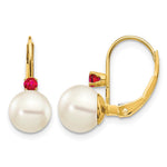 14k 7- White Round Freshwater Cultured Pearl and .24RU Ruby Leverback Earrings
