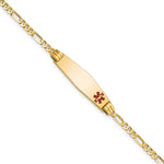 14K Medical Solid Chain/Solid Plate 26x Soft Diamond Shape Off-Center Red Enamel Figaro Link ID Bracelet