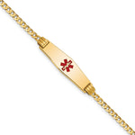 14K Medical Solid Chain/Solid Plate 24x Soft Diamond Shape Centered Red Enamel Curb Link ID Bracelet