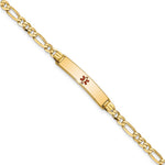 14K Medical Solid Chain/Solid Plate 26x Centered Red Enamel Figaro Link ID Bracelet