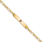 14K Medical Semi-Solid Chain/Solid Plate 26x Centered Red Enamel Figaro Link ID Bracelet