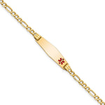 14K Medical Semi-Solid Chain/Solid Plate 26x Soft Diamond Shape Off-Center Red Enamel Figaro Link ID Bracelet