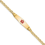 14K Medical Semi-Solid Chain/Solid Plate 26x Soft Diamond Shape Centered Red Enamel Anchor Link ID Bracelet