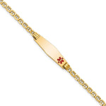 14K Medical Semi-Solid Chain/Solid Plate 26x Soft Diamond Shape Off-Center Red Enamel Anchor Link ID Bracelet