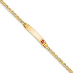 14k Medical Semi-Solid Chain/Solid Plate 26x Off-Center Red Enamel Anchor Link ID Bracelet