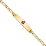 14K Medical Soft Diamond Shape Red Enamel Flat Figaro Link ID Bracelet