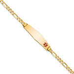 14K Medical Soft Diamond Shape Red Enamel Flat Figaro Link ID Bracelet