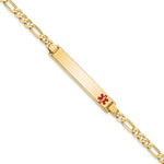 14K Medical Solid Chain/Solid Plate 33x Off-Center Red Enamel Flat Figaro Link ID Bracelet