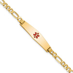 14K Medical Solid Chain/Solid Plate Soft Diamond Shape 33x Centered Red Enamel Flat Figaro Link ID Bracelet