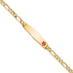 14K Medical Solid Chain/Solid Plate Soft Diamond Shape 33x Off-Center Red Enamel Flat Figaro Link ID Bracelet