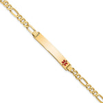 14K Medical Solid Chain/Solid Plate 33x Off-Center Red Enamel Flat Figaro Link ID Bracelet