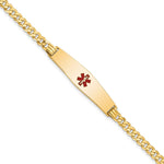 14K Medical Solid Chain/Solid Plate Soft Diamond Shape 33x Centered Red Enamel Flat Curb Link ID Bracelet