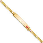 14K Medical Solid Chain/Solid Plate 33x Off-Center Red Enamel Flat Curb Link ID Bracelet