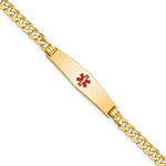 14K Medical Solid Chain/Solid Plate Soft Diamond Shape 33x Centered Red Enamel Flat Curb Link ID Bracelet