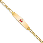 14K Medical Semi-Solid Chain/Solid Plate Soft Diamond Shape 33x Centered Red Enamel Figaro Link ID Bracelet