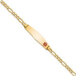 14K Medical Semi-Solid Chain/Solid Plate Soft Diamond Shape 34x Off-Center Red Enamel Figaro Link ID Bracelet