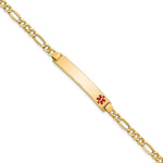 14K Medical Semi-Solid Chain/Solid Plate 35x Off-Center Red Enamel Figaro Link ID Bracelet
