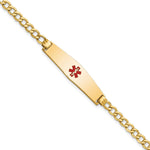 14K Medical Semi-Solid Chain/Solid Plate Soft Diamond Shape 33x Centered Red Enamel Curb Link ID Bracelet