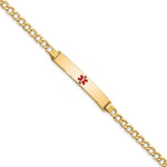 14K Medical Semi-Solid Chain/Solid Plate 34x Centered Red Enamel Curb Link ID Bracelet