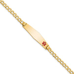 14K Medical Semi-Solid Chain/Solid Plate Soft Diamond Shape 34x Off-Center Red Enamel Curb Link ID Bracelet