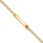 14K Medical Semi-Solid Chain/Solid Plate 35x Off-Center Red Enamel Curb Link ID Bracelet