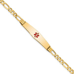 14K Medical Solid Chain/Solid Plate Soft Diamond Shape 36x Centered Red Enamel Figaro Link ID Bracelet