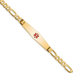 14K Medical Solid Chain/Solid Plate Soft Diamond Shape 36x Centered Red Enamel Flat Figaro Link ID Bracelet
