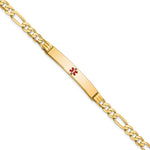 14K Medical Solid Chain/Solid Plate 37x Centered Red Enamel Flat Figaro Link ID Bracelet