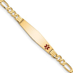14K Medical Solid Chain/Solid Plate Soft Diamond Shape 36x Off-Center Red Enamel Flat Figaro Link ID Bracelet
