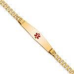 14K Medical Solid Chain/Solid Plate Soft Diamond Shape 36x Centered Red Enamel Curb Link ID Bracelet