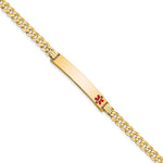 14K Medical Solid Chain/Solid Plate 37x Off-Center Red Enamel Curb Link ID Bracelet