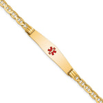 14K Medical Solid Chain/Solid Plate Soft Diamond Shape 36x Centered Red Enamel Anchor Link ID Bracelet