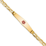 14K Medical Solid Chain/Solid Plate Soft Diamond Shape 36x Centered Red Enamel Anchor Link ID Bracelet