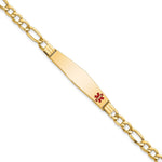 14K Medical Semi-Solid Chain/Solid Plate Soft Diamond Shape 37x Off-Center Red Enamel Figaro Link ID Bracelet