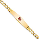14K Medical Semi-Solid Chain/Solid Plate Soft Diamond Shape 37x Centered Red Enamel Curb Link ID Bracelet