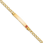 14K Medical Semi-Solid Chain/Solid Plate 37x Off-Center Red Enamel Cuban Link ID Bracelet