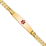 14K Medical Solid Chain/Solid Plate Soft Diamond Shape 37x Centered Red Enamel Curb Link ID Bracelet